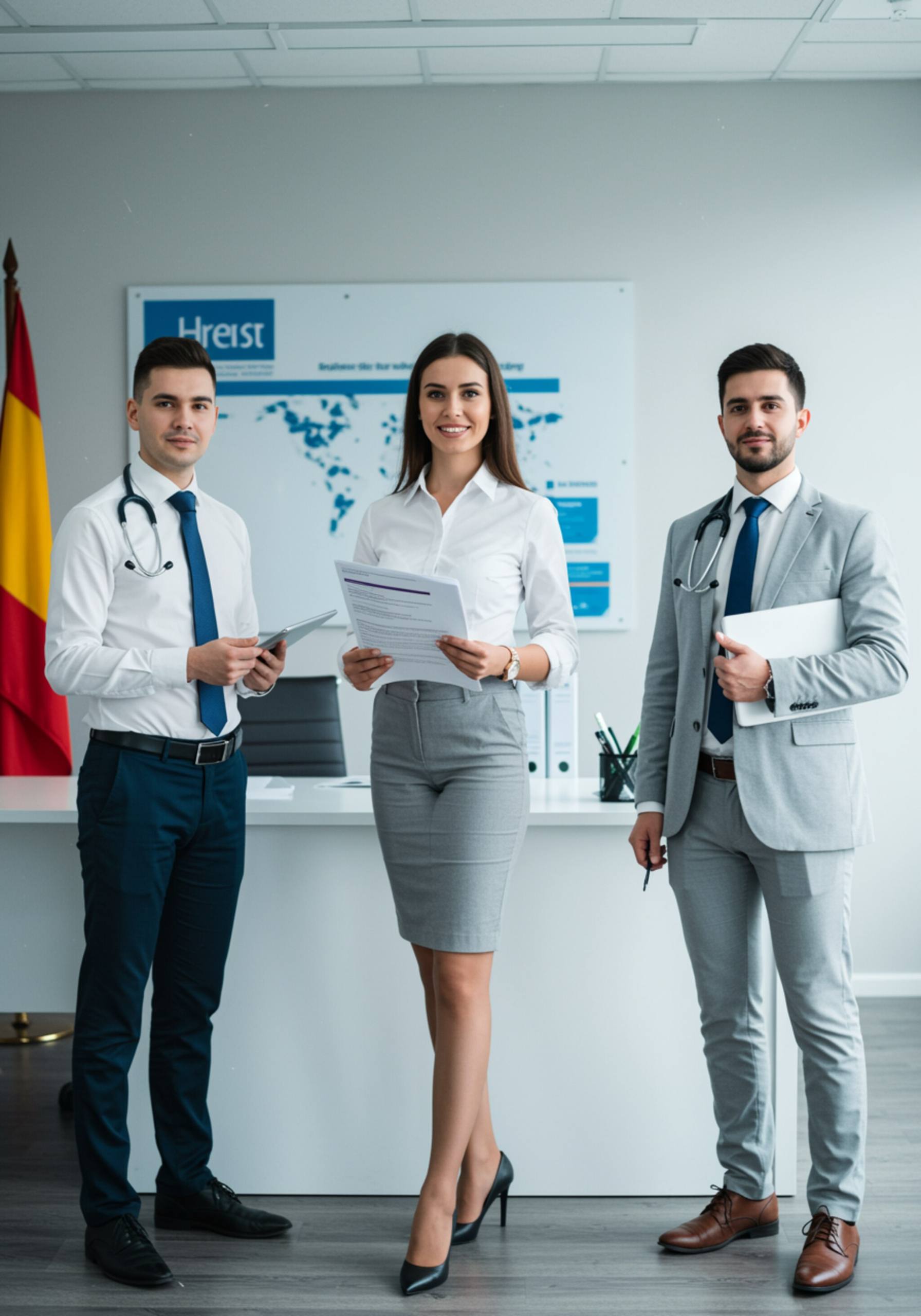 imagen26 1 "Equipo de expertos en seguros médicos en oficina moderna, transmitiendo confianza y profesionalismo, ideal para la sección 'Quiénes Somos' de un sitio web de seguros de visa y residencia."