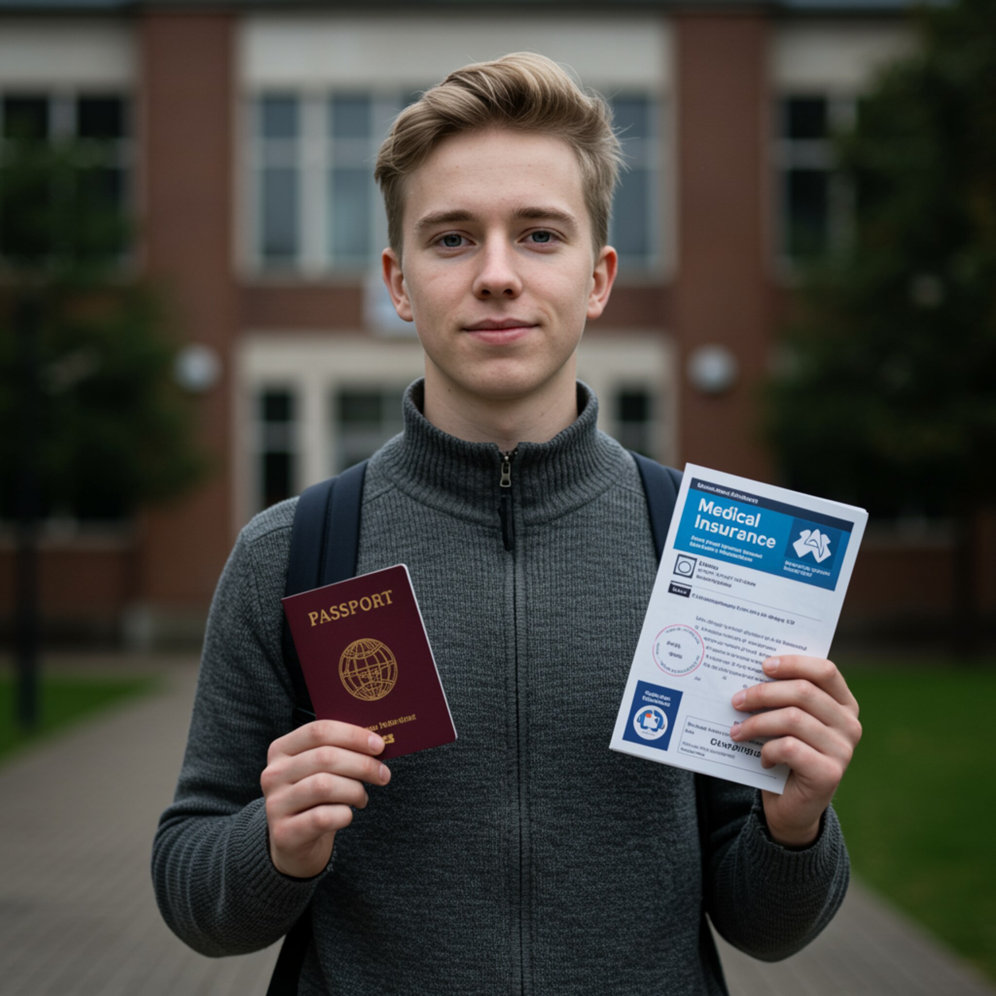 imagen3 1 "Estudiante internacional de piel clara sosteniendo pasaporte, visa y folleto de seguro médico, con un edificio universitario desenfocado de fondo, en un ambiente amigable."