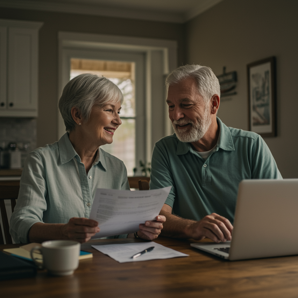 imagen4 1 1 "Pareja de ancianos blancos revisando documentos de seguro médico en un ambiente cálido y acogedor en casa, sonriendo aliviados junto a un laptop en la mesa del comedor."
