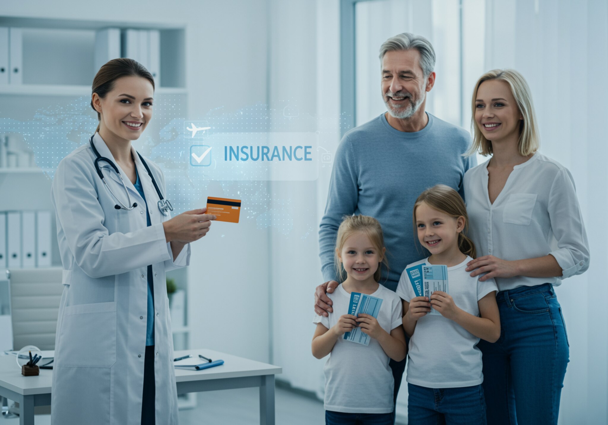 "Ilustración corporativa moderna de una doctora blanca en una clínica brillante entregando una tarjeta de seguro a una familia sonriente, con un mapa holográfico de Europa y símbolos de asesoría personalizada y compras seguras."