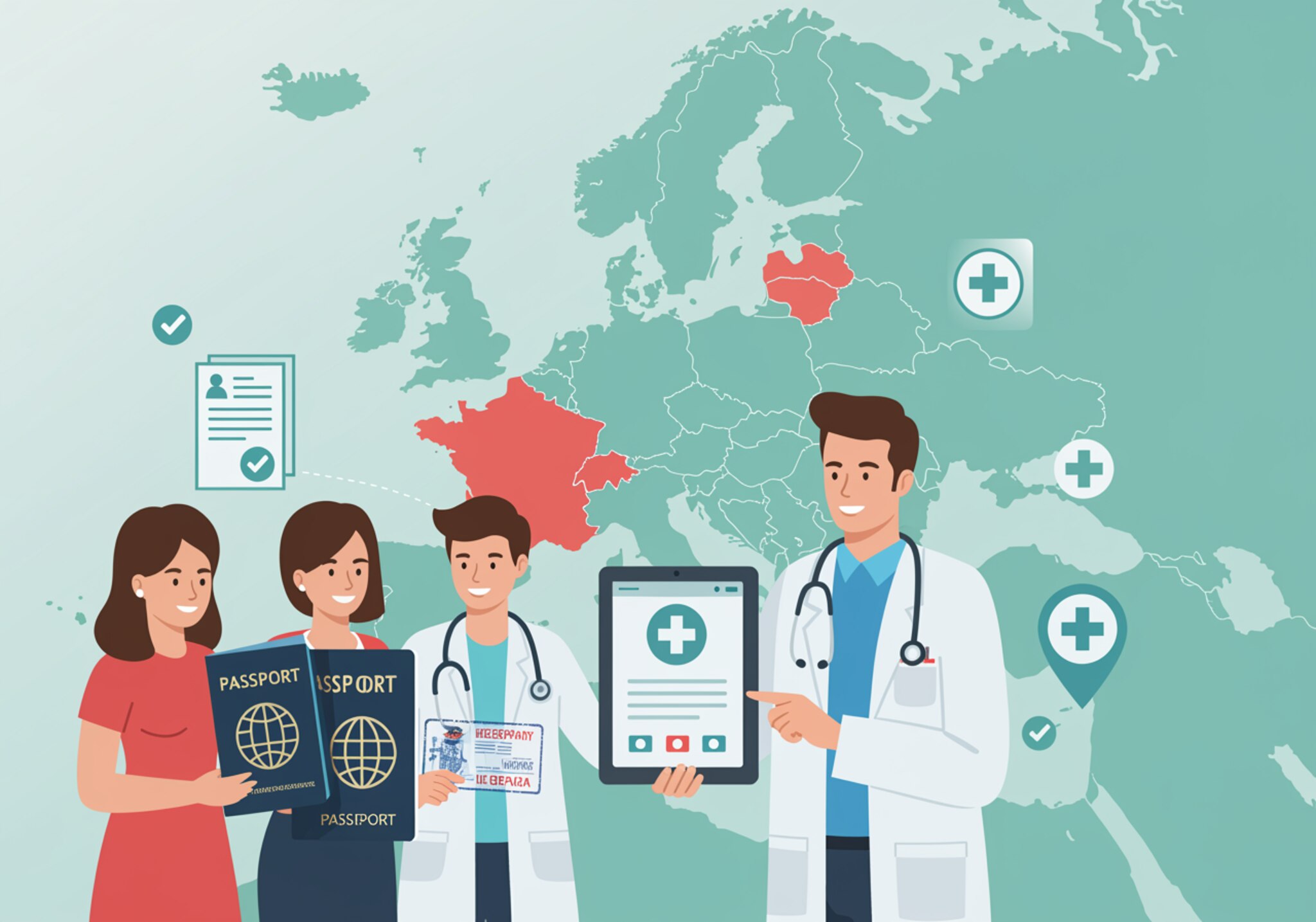 imagen7 1 2 "Banner web de alta resolución que ilustra una pareja sonriente con visa española y un médico, simbolizando seguros médicos en Europa con un diseño moderno y minimalista."