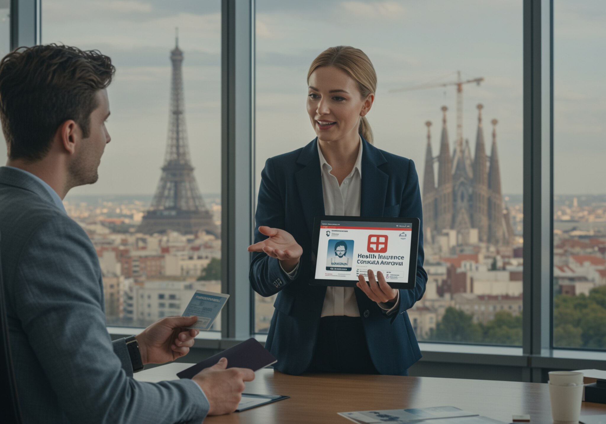"Consultora de seguros sonriente en oficina moderna, explicando póliza de salud a cliente con pasaporte y visa española, con fondo de ciudad europea y luz natural."